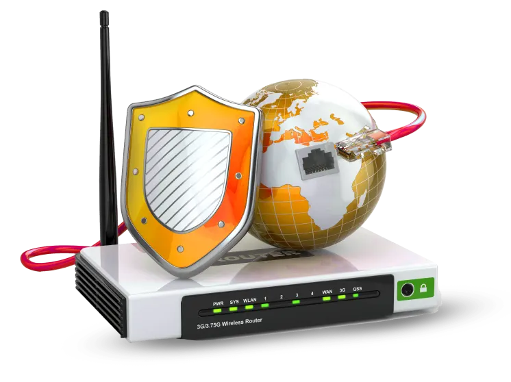 A network router with a shield icon and globe symbol for secure internet usage.