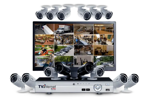 A security camera system with four cameras and a monitor