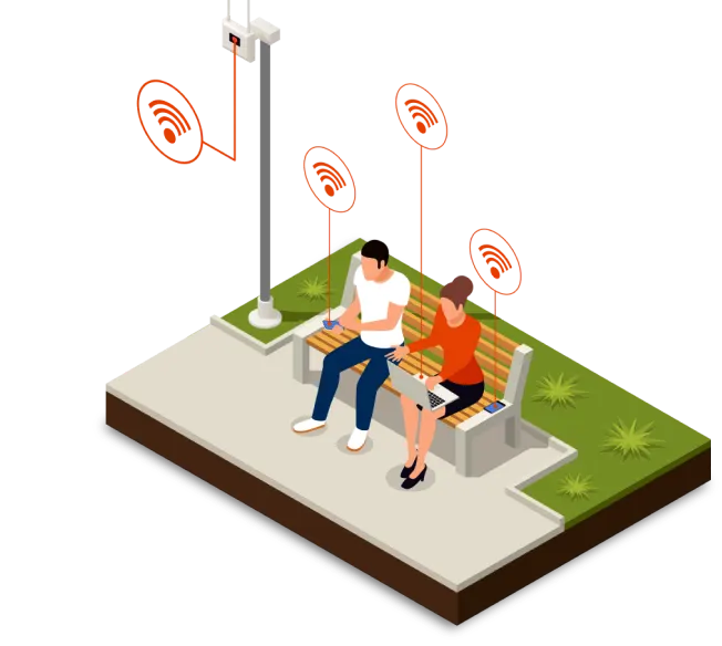 A couple sitting on a bench surrounded by wifi signals, enjoying a connected moment together.