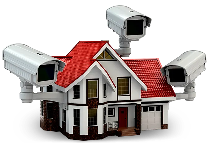 A model house surrounded by security cameras